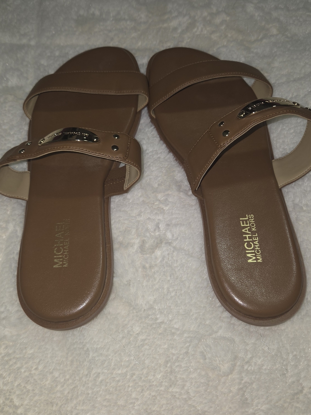 Michael Kors Tan Leather Double-Strap Slide Sandals - Picture 3 of 4